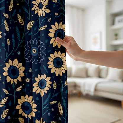 Onay Dark Sunflower Curtains, Navy & Gold Floral Drapes, Cozy Rustic Window Panels