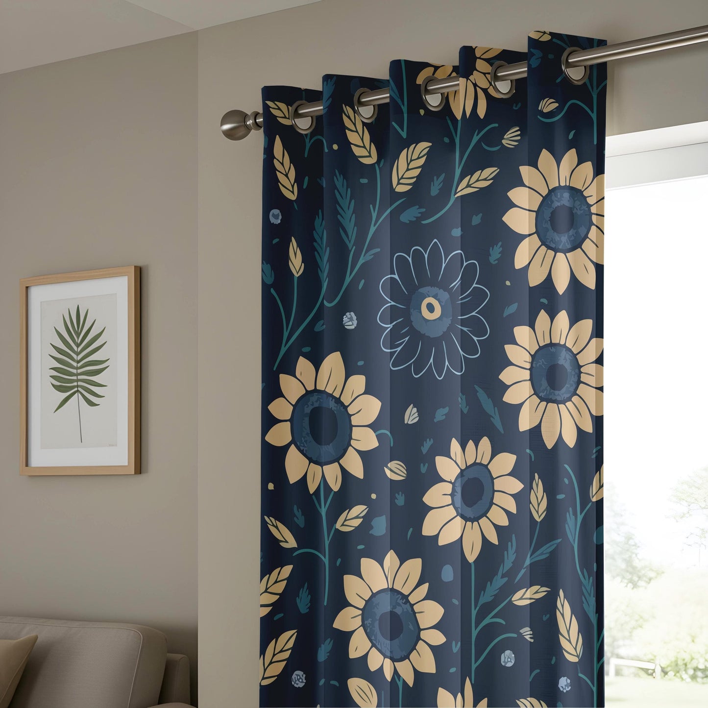 Onay Dark Sunflower Curtains, Navy & Gold Floral Drapes, Cozy Rustic Window Panels