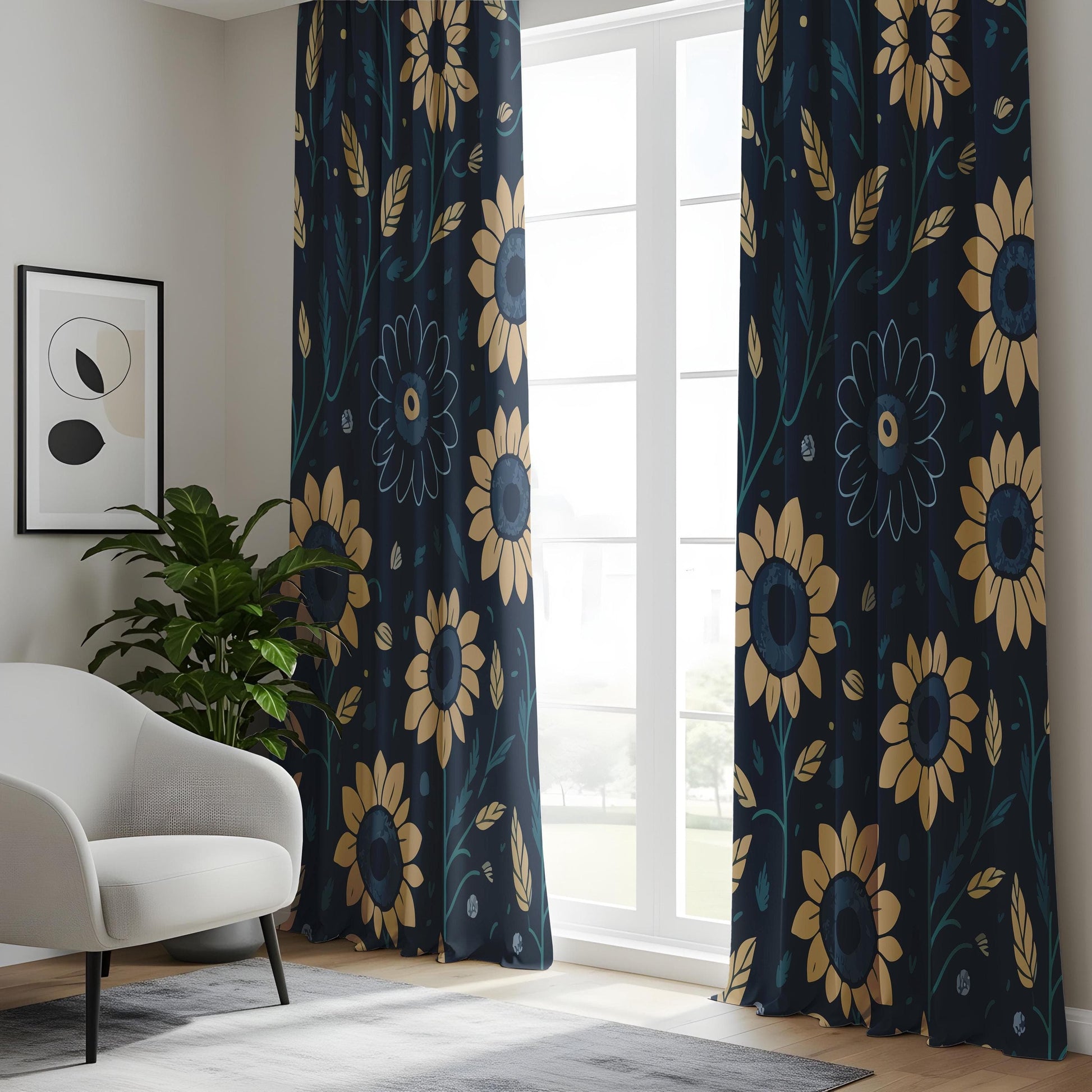 Onay Dark Sunflower Curtains, Navy & Gold Floral Drapes, Cozy Rustic Window Panels