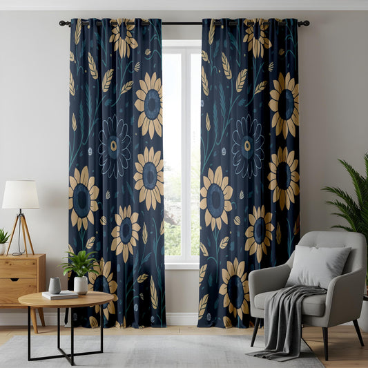 Onay Dark Sunflower Curtains, Navy & Gold Floral Drapes, Cozy Rustic Window Panels