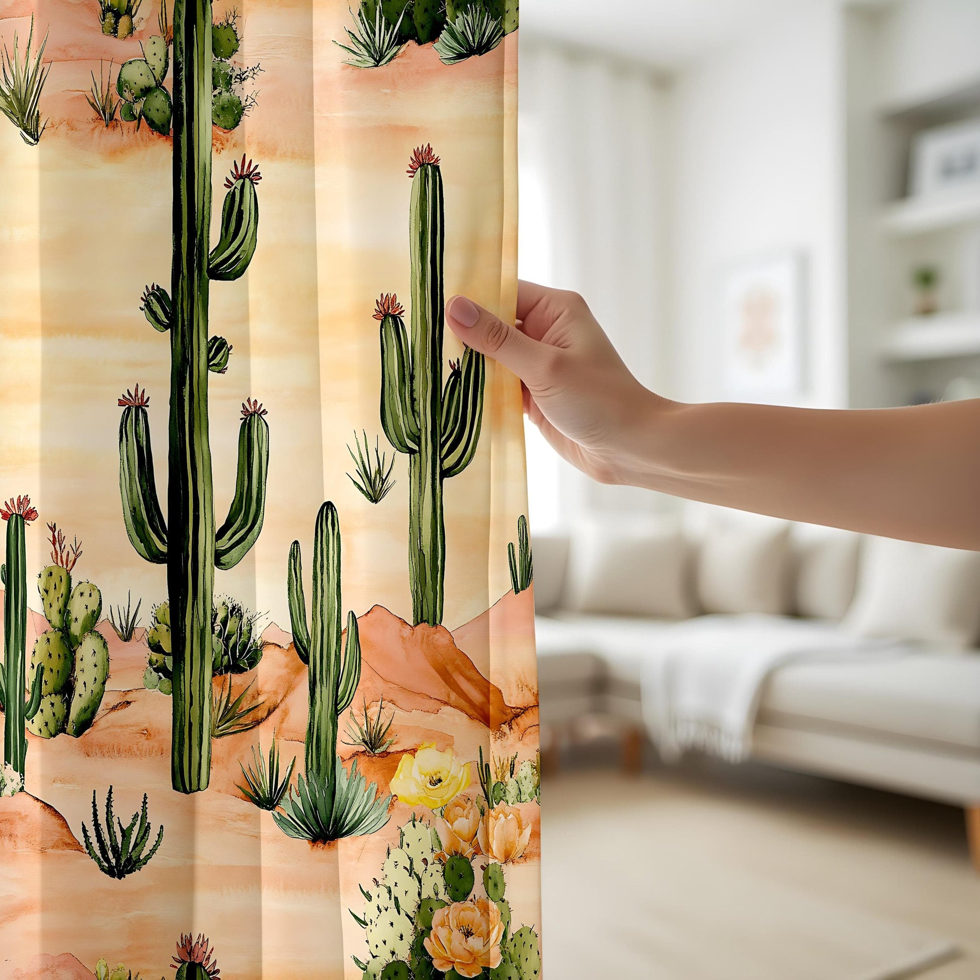Onay Desert Cactus Window Curtains, Southwest Style Watercolor Drapes