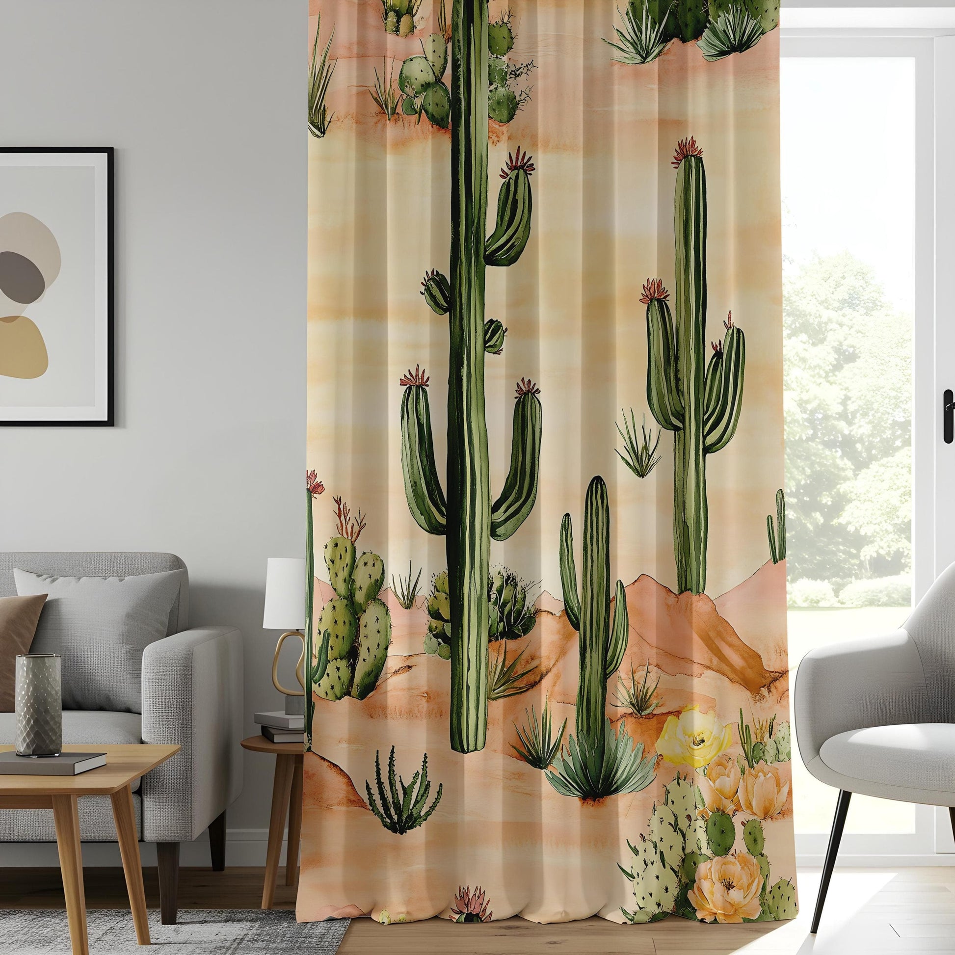 Onay Desert Cactus Window Curtains, Southwest Style Watercolor Drapes