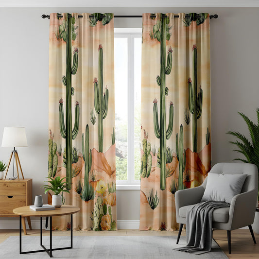 Onay Desert Cactus Window Curtains, Southwest Style Watercolor Drapes