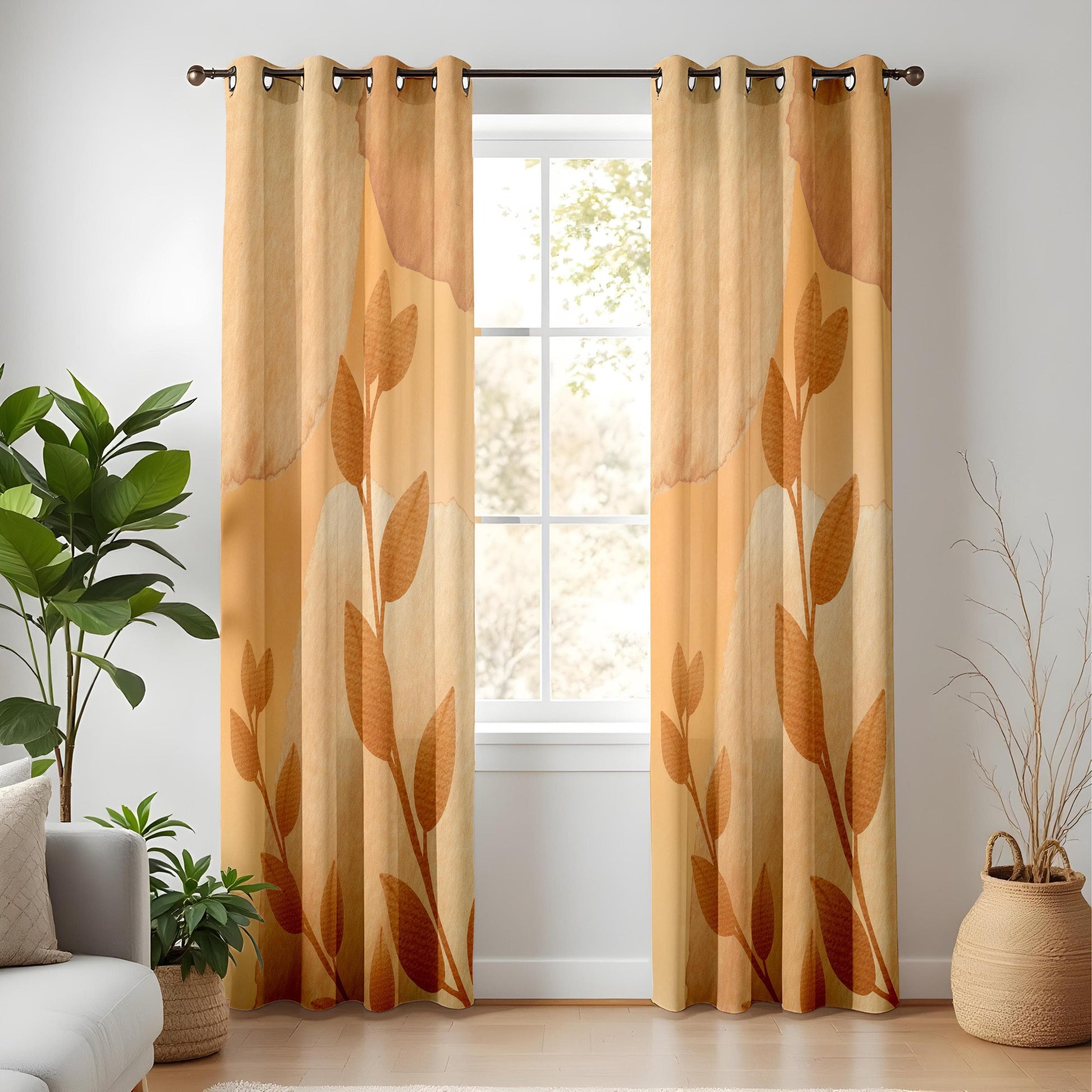 Onay Earth Tone Leaf Print Living Room Curtains, Minimal Botanical Drapes