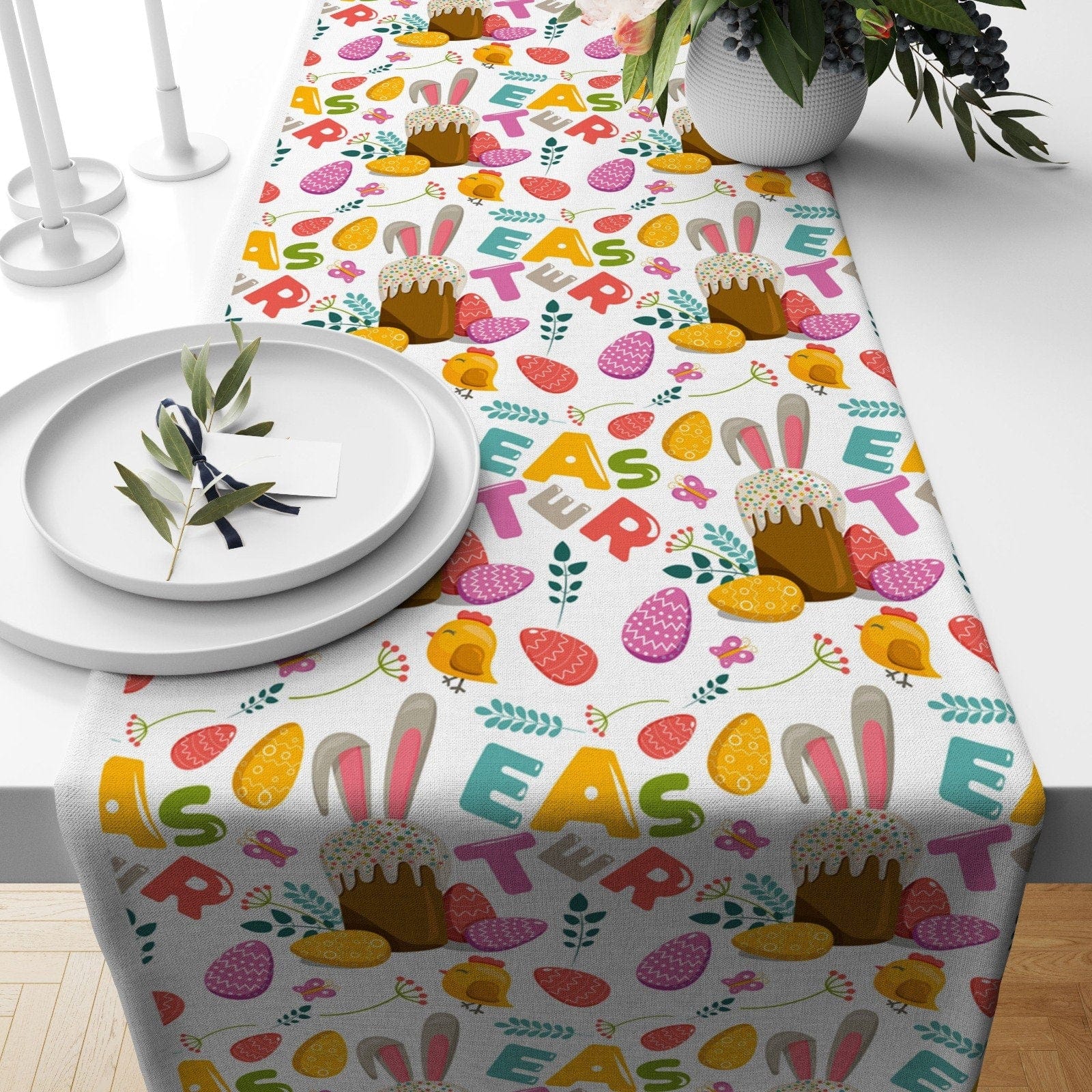 Onay 3 / 12 x 46 inch (30 x 120 cm) Easter Bunney Easter Egg Colorful Decor Table Runner