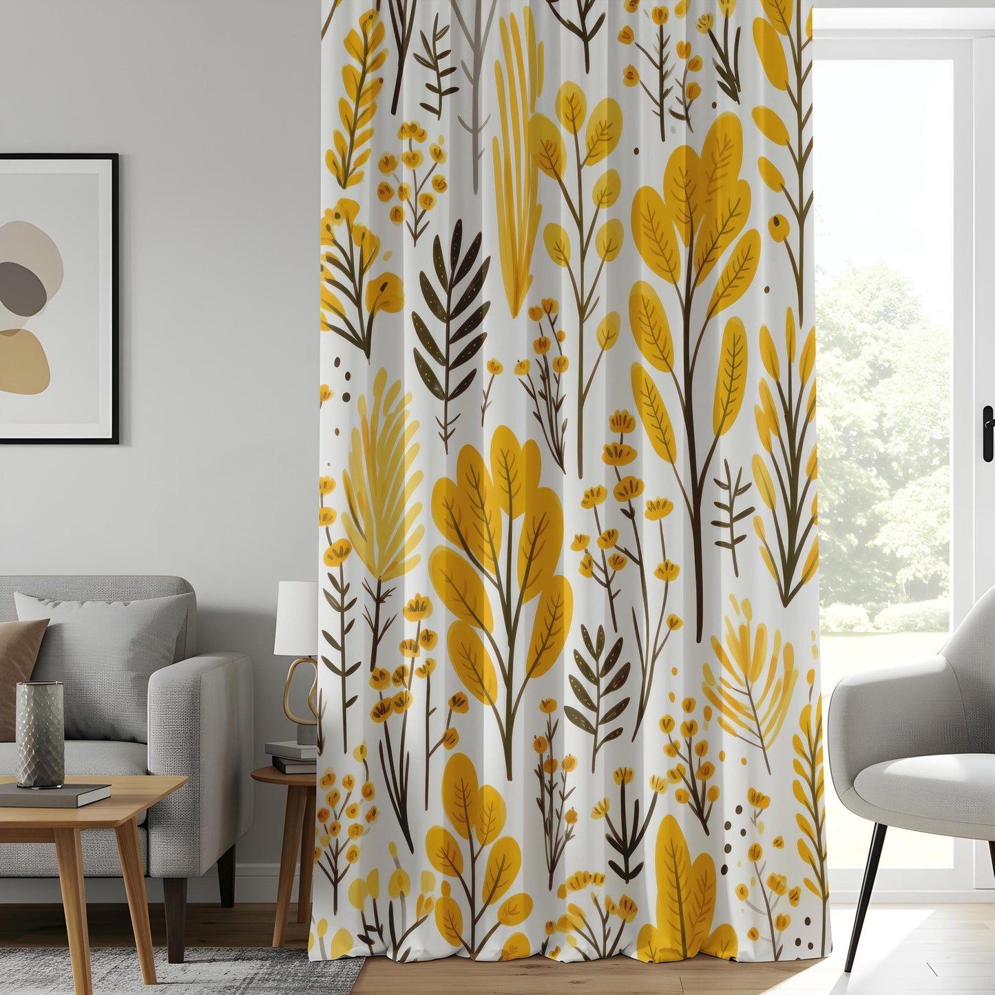 Onay Elegant Floral Curtains, Yellow Flower Curtain, Spring Blossom Printed Drapes