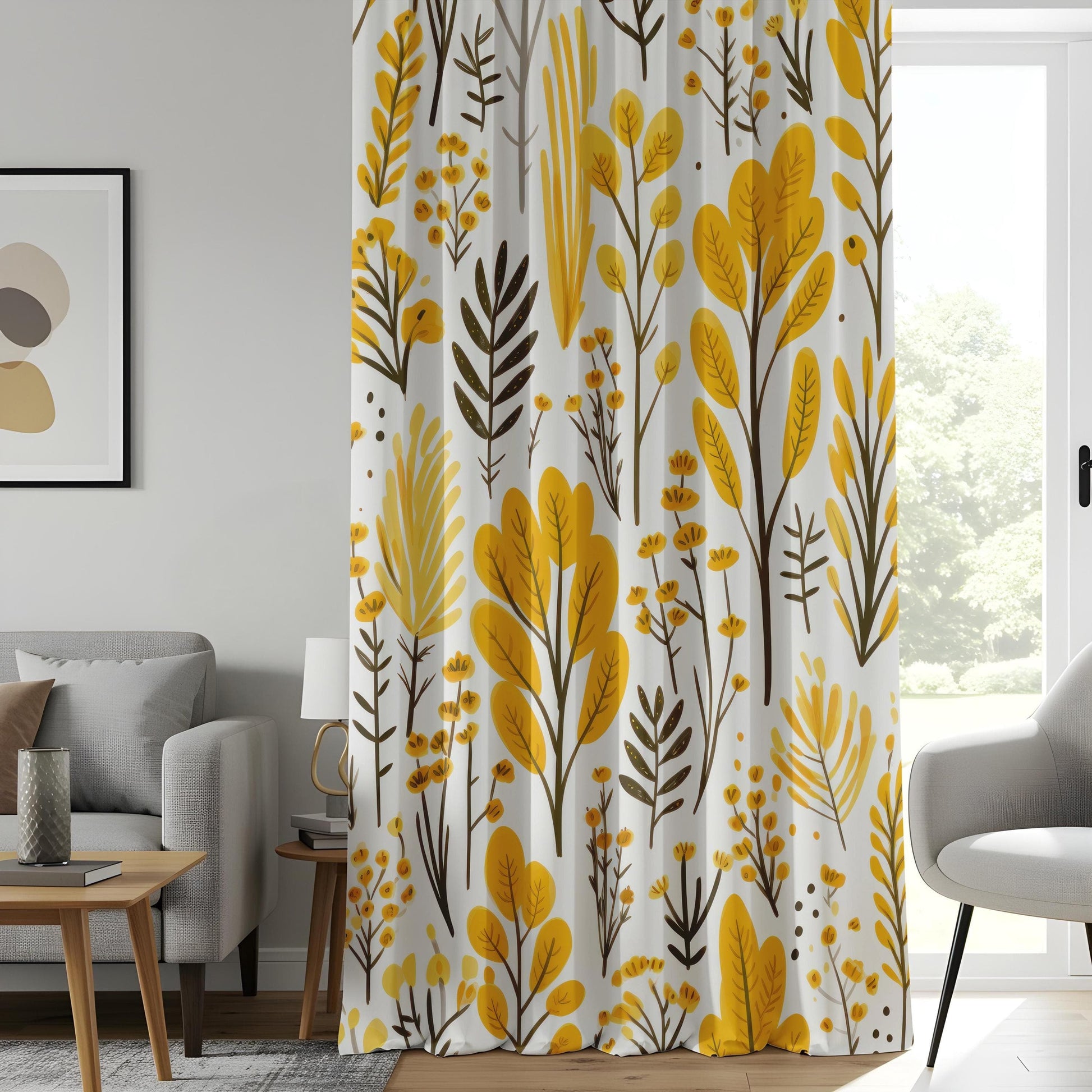 Onay Elegant Floral Curtains, Yellow Flower Curtain, Spring Blossom Printed Drapes