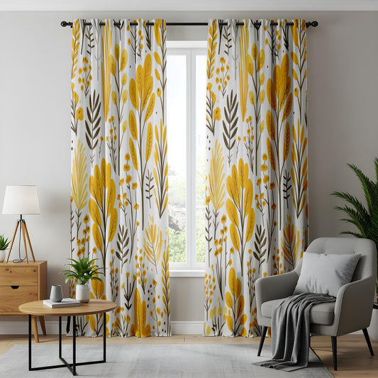 Onay Elegant Floral Curtains, Yellow Flower Curtain, Spring Blossom Printed Drapes
