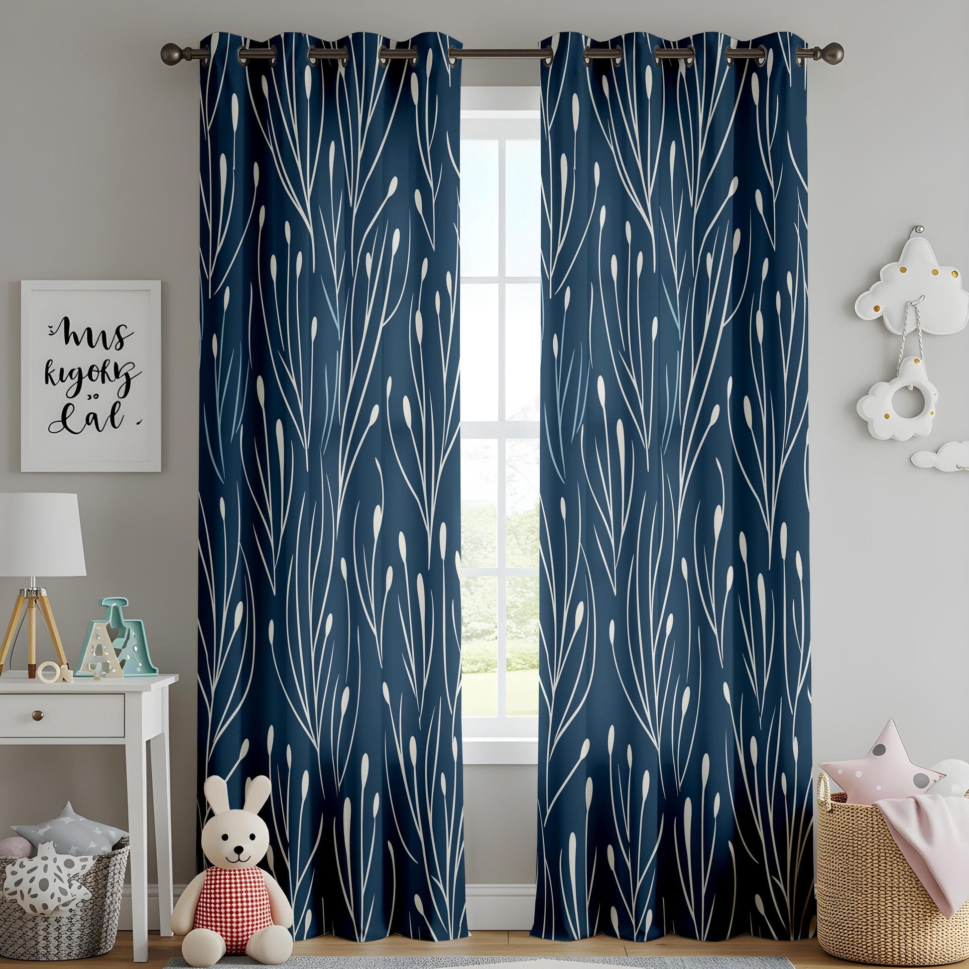 Onay Elegant Navy Blue Botanical Curtains, Modern Floral Pattern Drapes