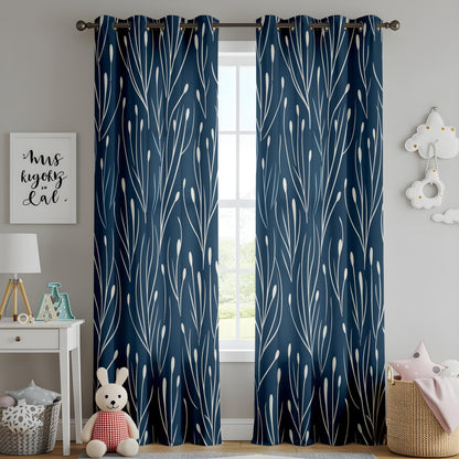 Onay Elegant Navy Blue Botanical Curtains, Modern Floral Pattern Drapes