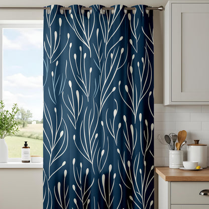 Onay Elegant Navy Blue Botanical Curtains, Modern Floral Pattern Drapes