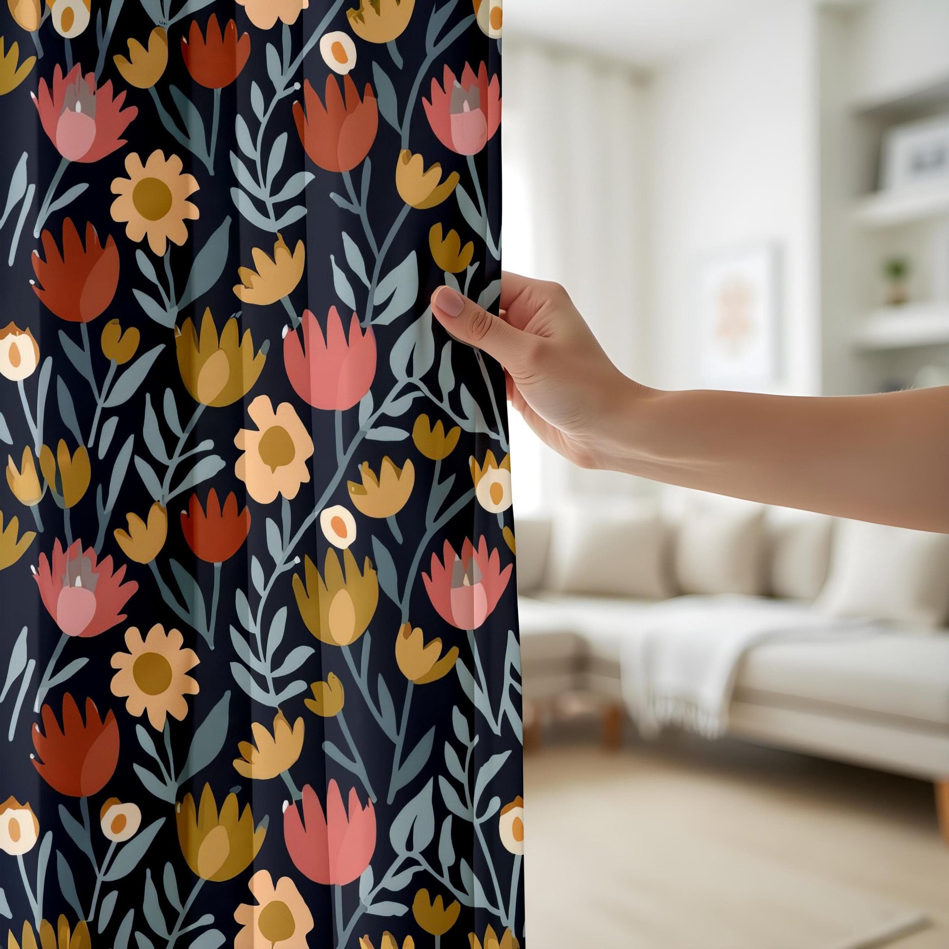Onay Elegant Navy Floral Curtains, Warm Orange and Pink Flowers
