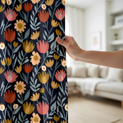 Onay Elegant Navy Floral Curtains, Warm Orange and Pink Flowers