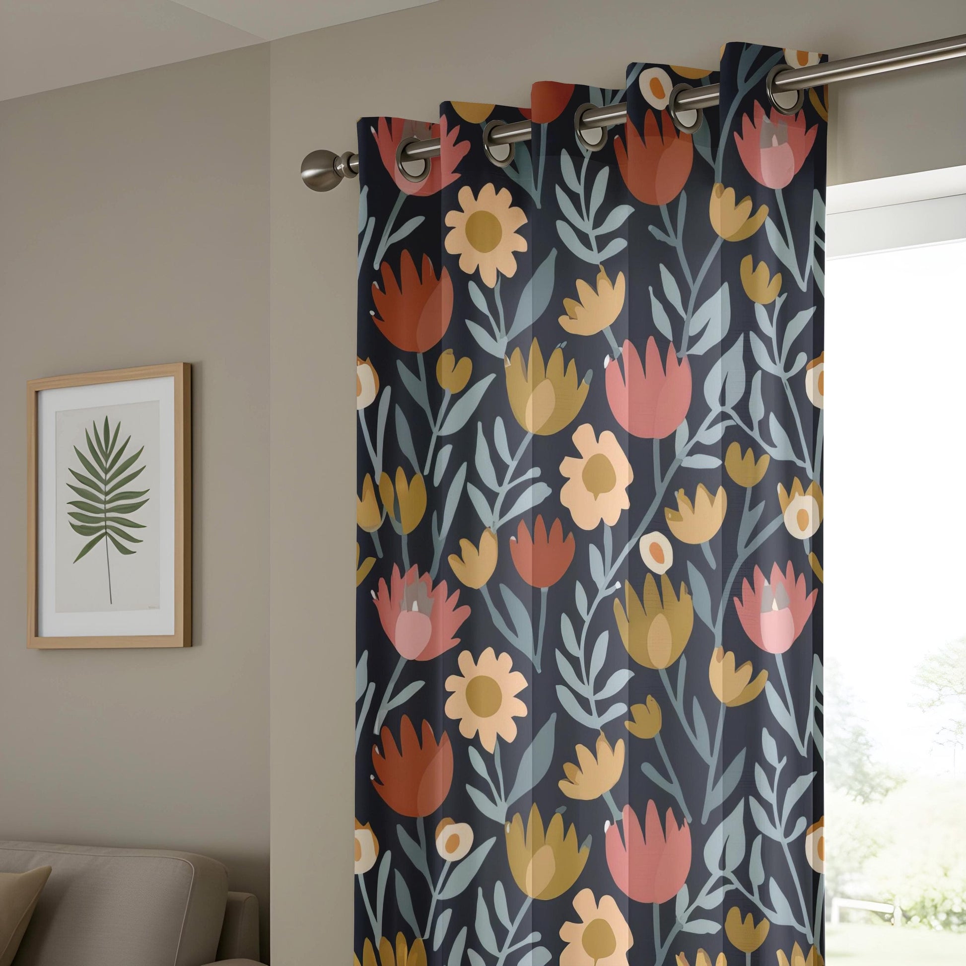 Onay Elegant Navy Floral Curtains, Warm Orange and Pink Flowers