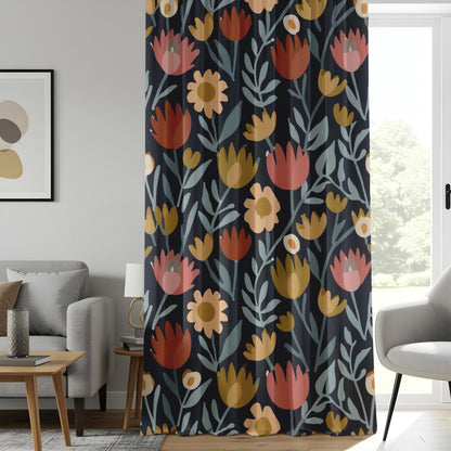 Onay Elegant Navy Floral Curtains, Warm Orange and Pink Flowers