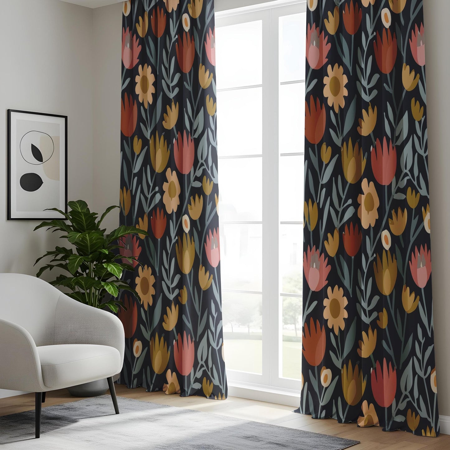 Onay Elegant Navy Floral Curtains, Warm Orange and Pink Flowers