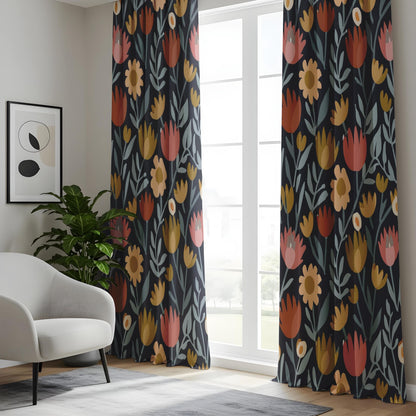 Onay Elegant Navy Floral Curtains, Warm Orange and Pink Flowers