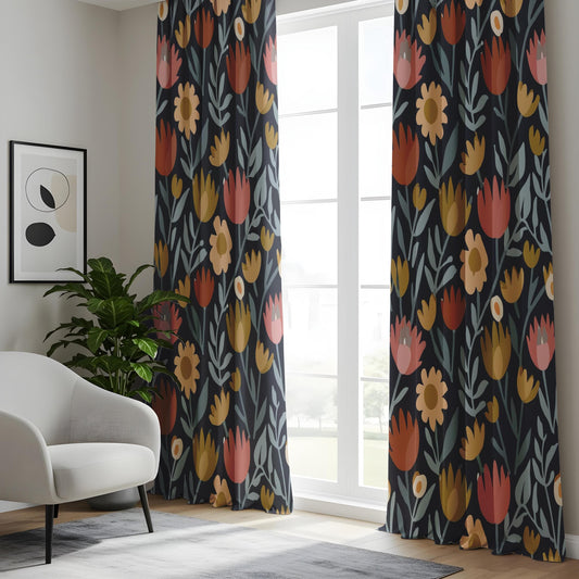 Onay Elegant Navy Floral Curtains, Warm Orange and Pink Flowers