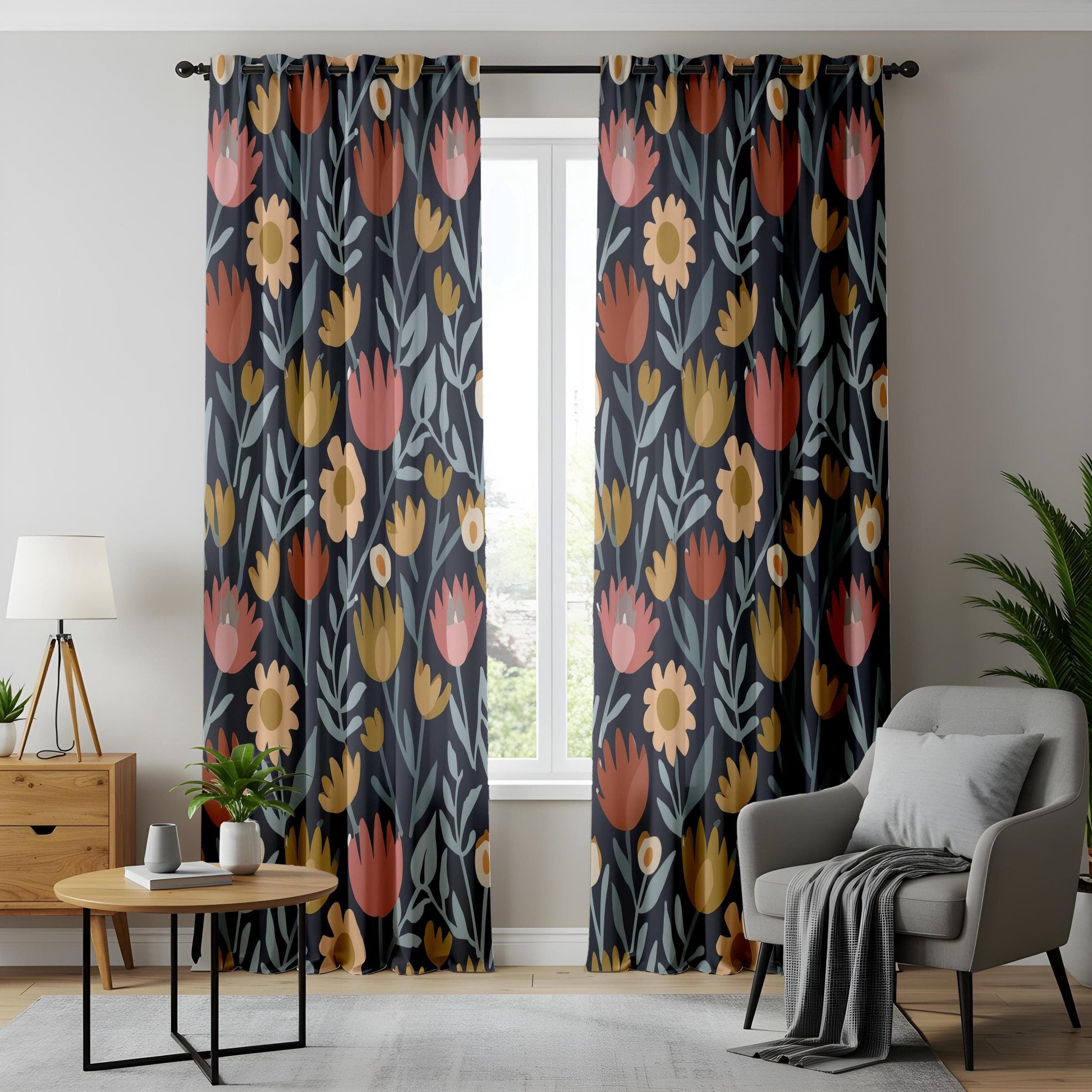 Onay Elegant Navy Floral Curtains, Warm Orange and Pink Flowers