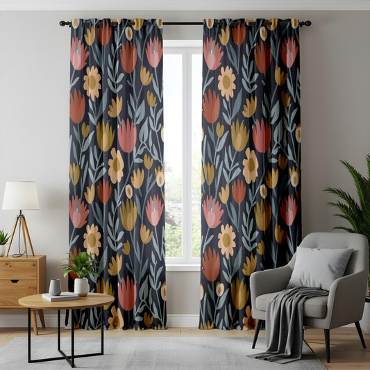 Onay Elegant Navy Floral Curtains, Warm Orange and Pink Flowers