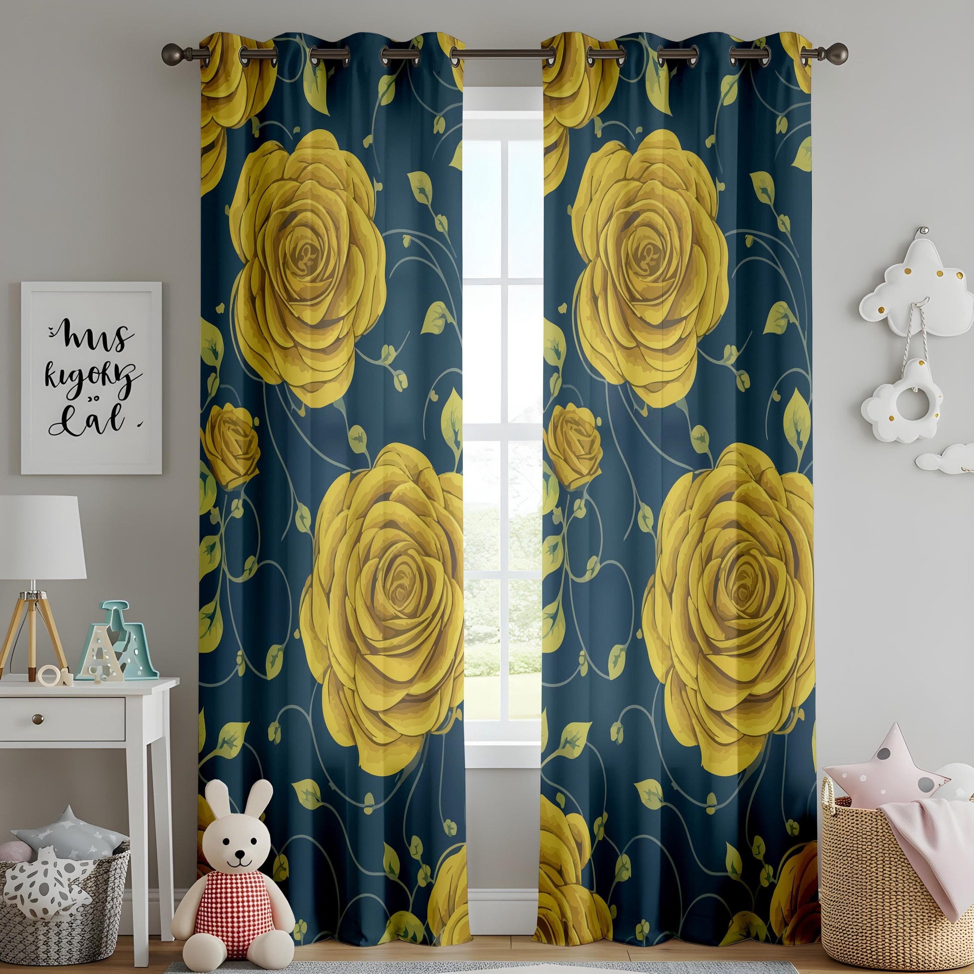 Onay Elegant Yellow Rose & Navy Blue Curtains – Gold Botanical Drapes