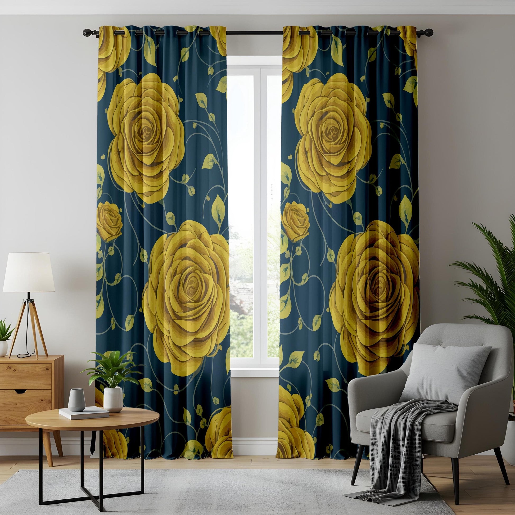 Onay Elegant Yellow Rose & Navy Blue Curtains – Gold Botanical Drapes