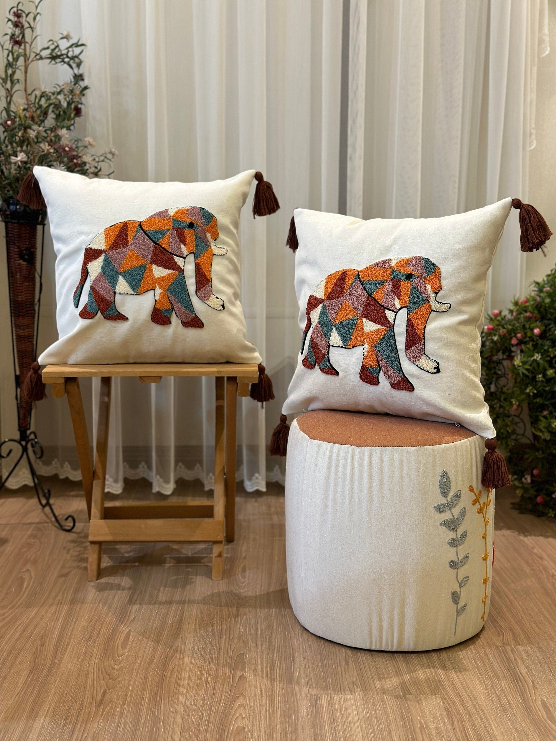 Onay Home Textile Punch Needle Cushion Cover Elephant Punch Needle Cushion Cover Animal Embroidery