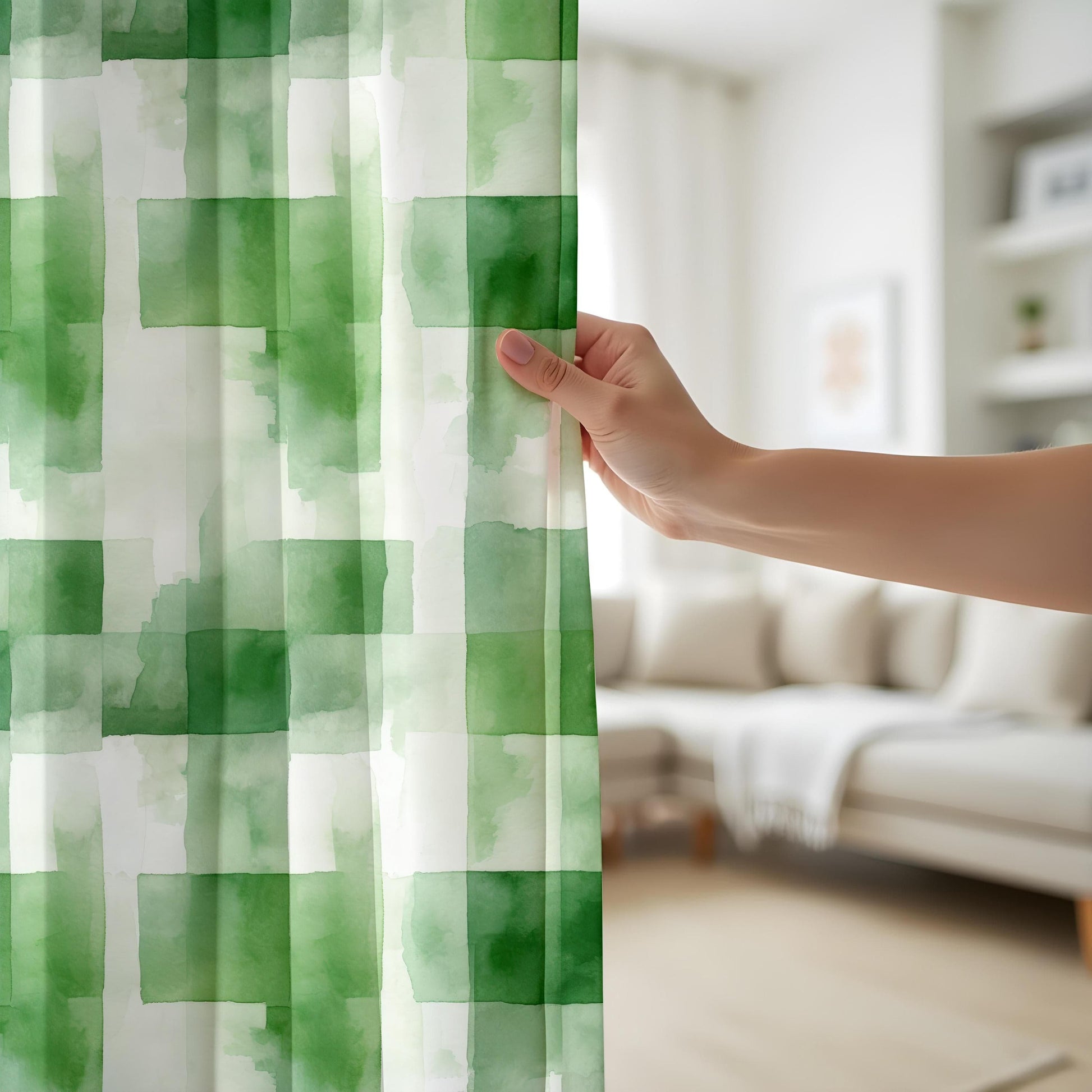 Onay Emerald Block Living Room Curtains, Green Watercolor Panels