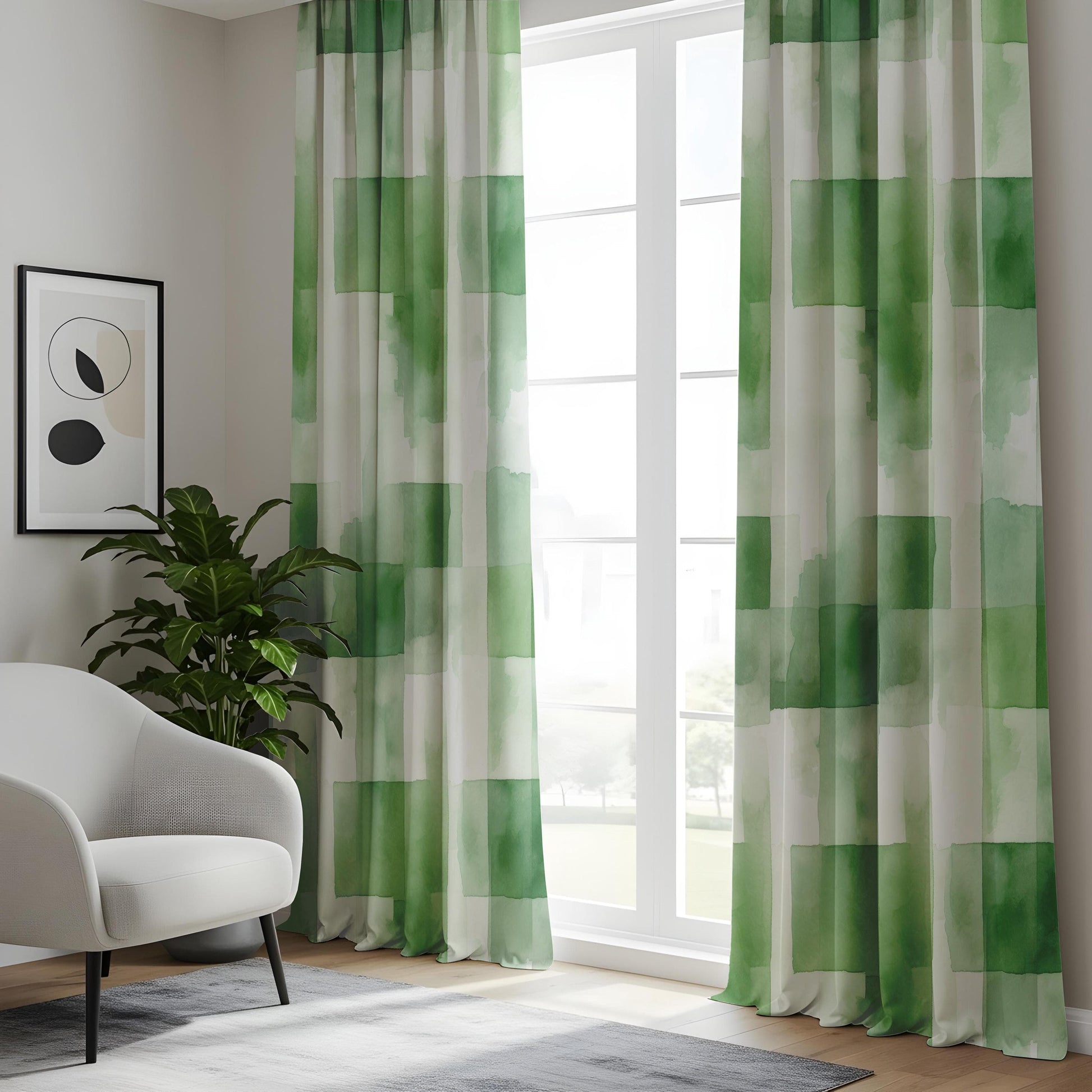 Onay Emerald Block Living Room Curtains, Green Watercolor Panels