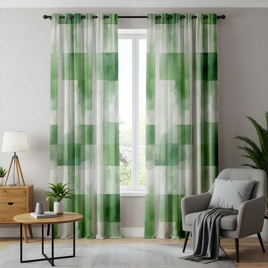 Onay Emerald Block Living Room Curtains, Green Watercolor Panels