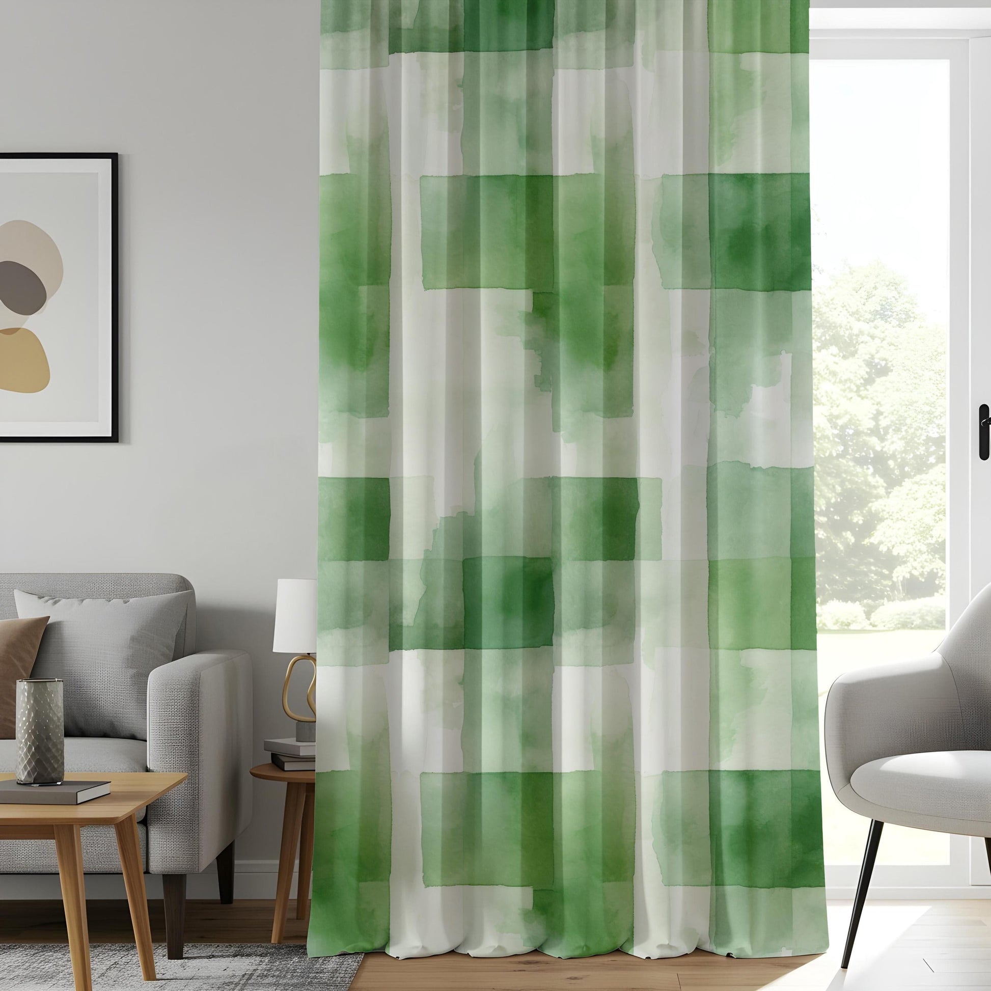 Onay Emerald Block Living Room Curtains, Green Watercolor Panels