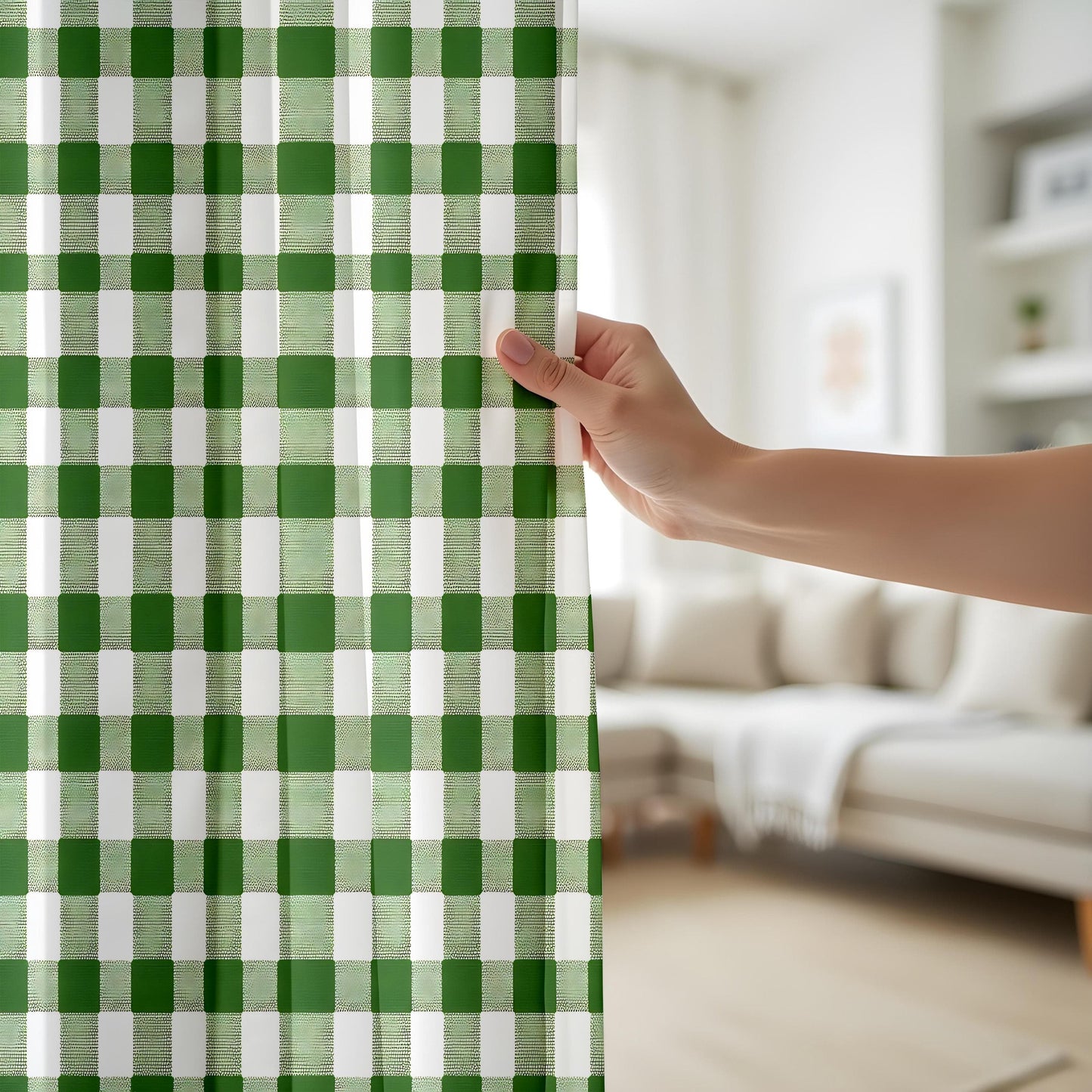 Onay Farmhouse Green Gingham Kitchen Curtains, Rustic Country Checkered Drapes