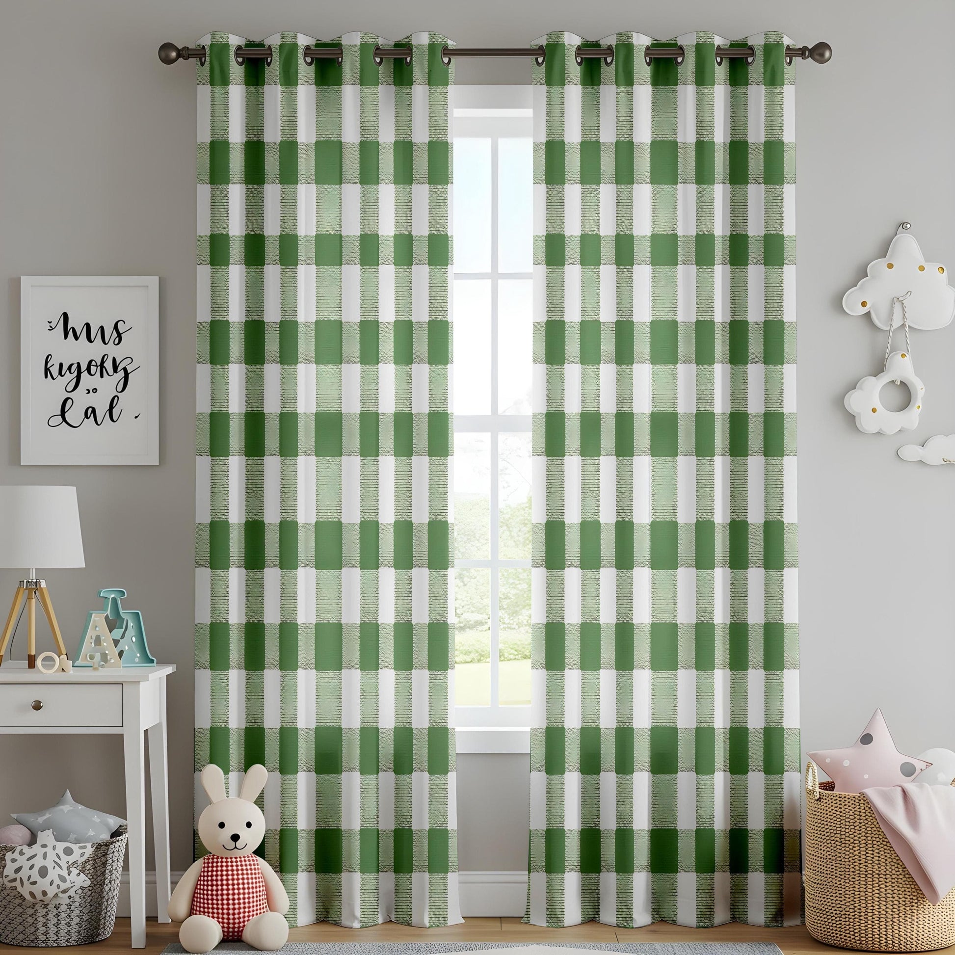 Onay Farmhouse Green Gingham Kitchen Curtains, Rustic Country Checkered Drapes