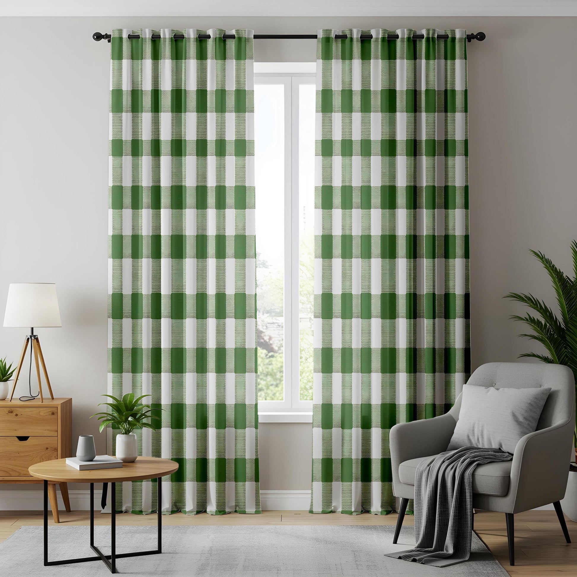 Onay Farmhouse Green Gingham Kitchen Curtains, Rustic Country Checkered Drapes