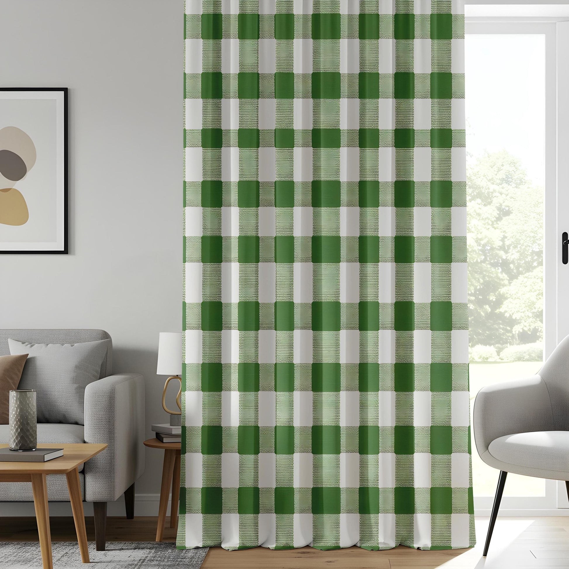 Onay Farmhouse Green Gingham Kitchen Curtains, Rustic Country Checkered Drapes