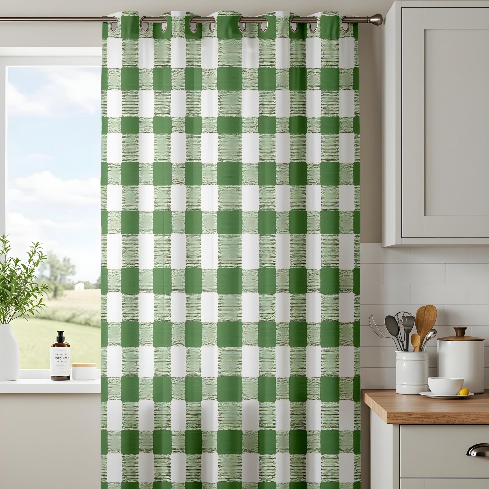 Onay Farmhouse Green Gingham Kitchen Curtains, Rustic Country Checkered Drapes