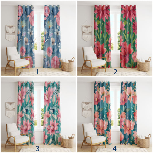 Floral Blue or Green Curtains for Living Room & Bedroom Drapes