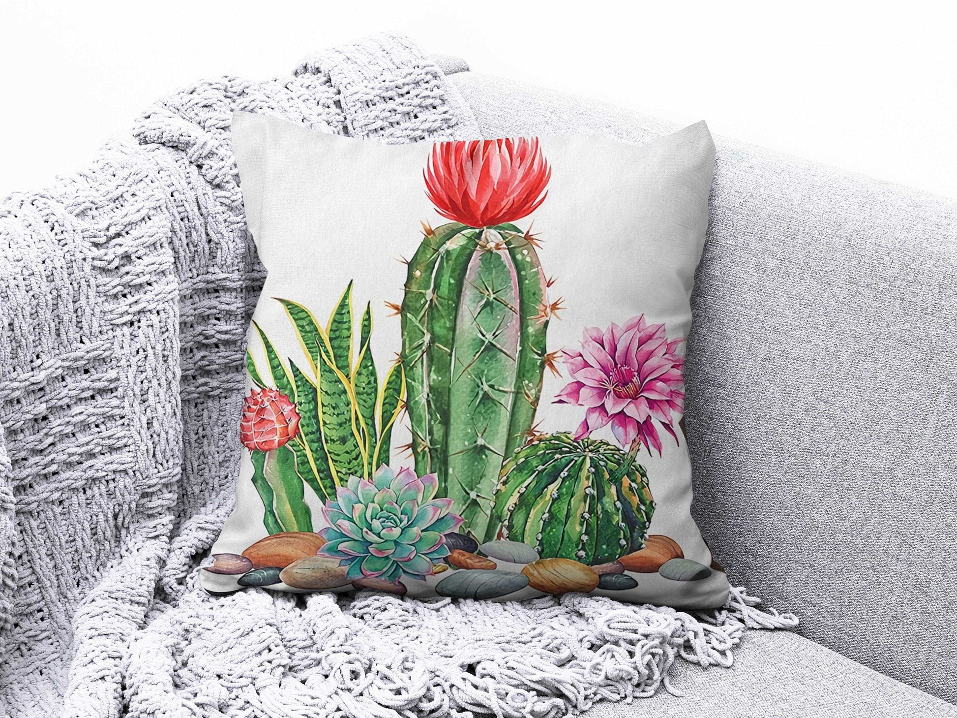Onay 2 / 12 x 12 inch (30 x 30 cm) Double Side Floral Cactus Cushion Cover Green Cushion Case Botanical Pillow Cover