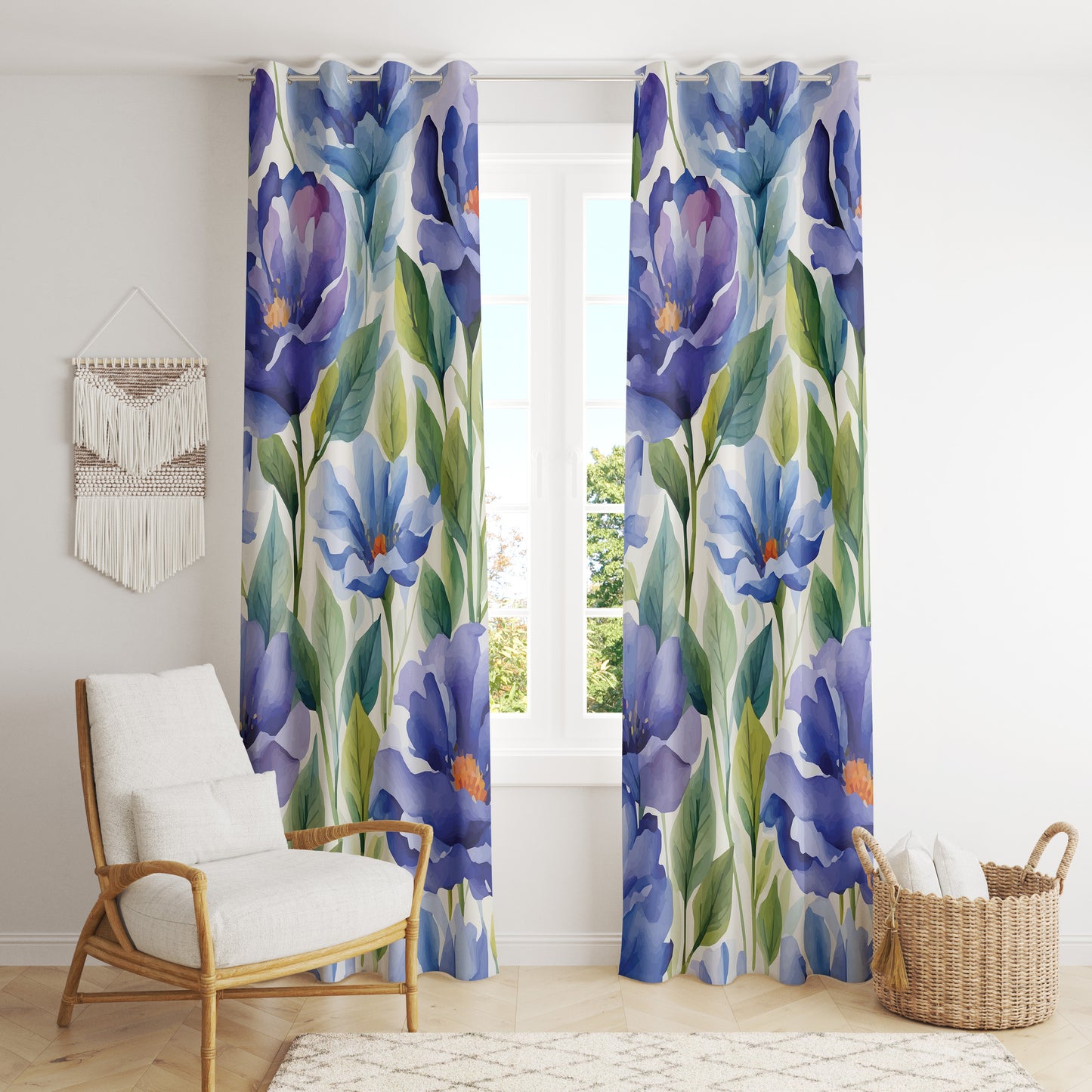 Blue Floral Curtains Flower Patterned Home Drape