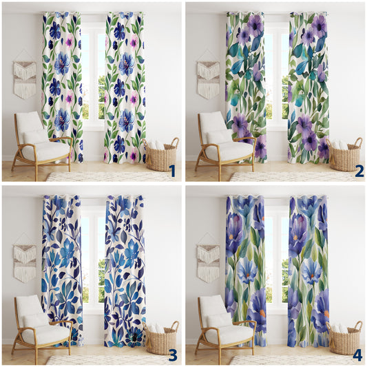 Blue Floral Curtains Flower Patterned Home Drape