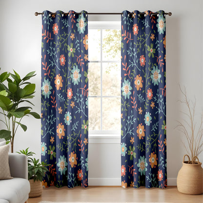 Onay Floral Pattern Curtains – Nature-Inspired Drapes with Elegant Flower Design on Dark Background