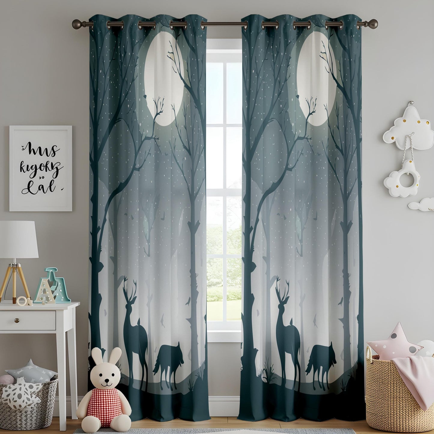 Onay Forest Moonlight Living Room Curtains, Enchanted Woodland Drapes