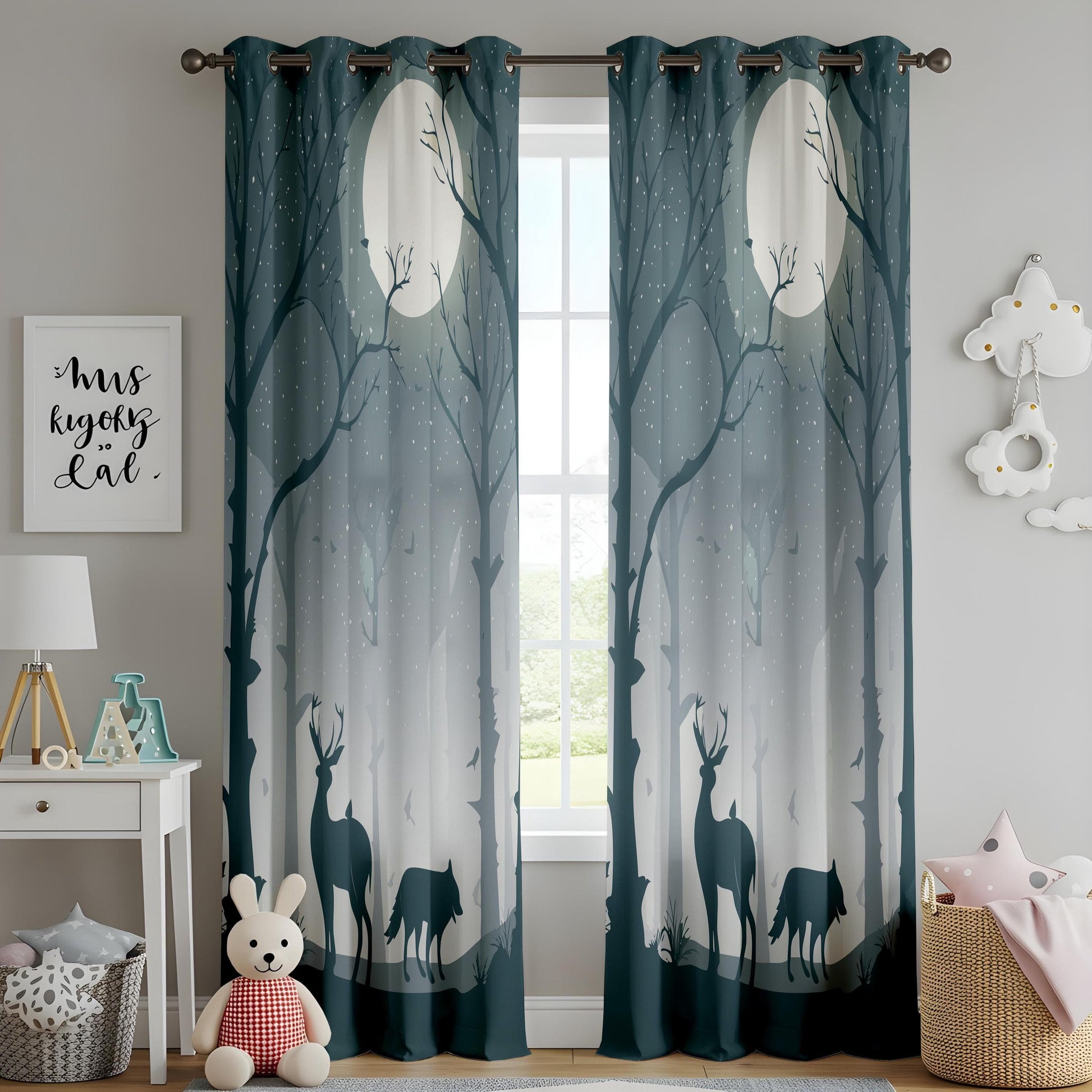 Onay Forest Moonlight Living Room Curtains, Enchanted Woodland Drapes