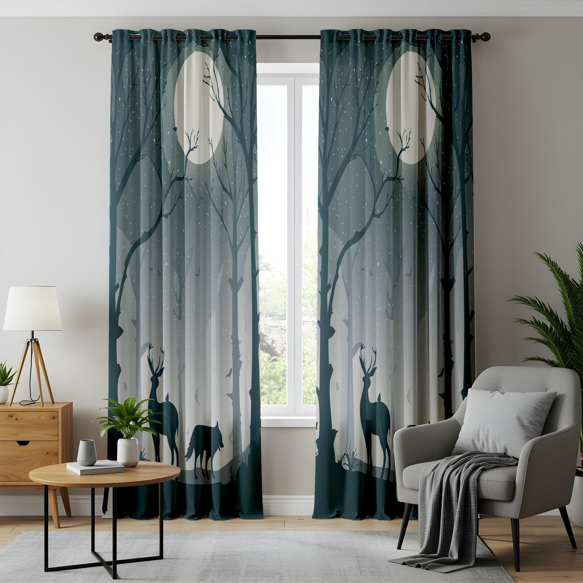 Onay Forest Moonlight Living Room Curtains, Enchanted Woodland Drapes