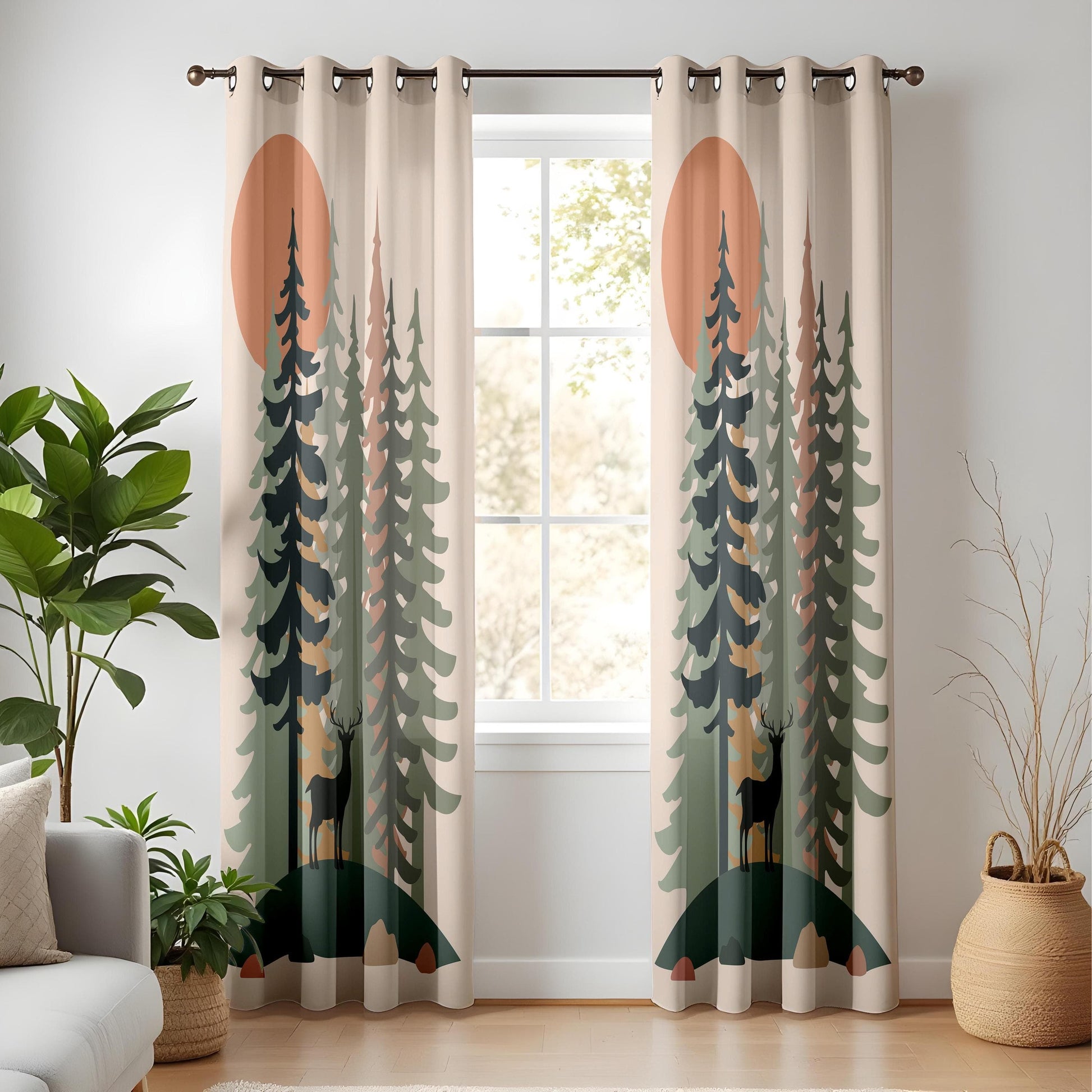Onay Forest Sunset Curtains Rustic Deer and Pine Tree Drapes for Nature-Inspired Woodland Interiors