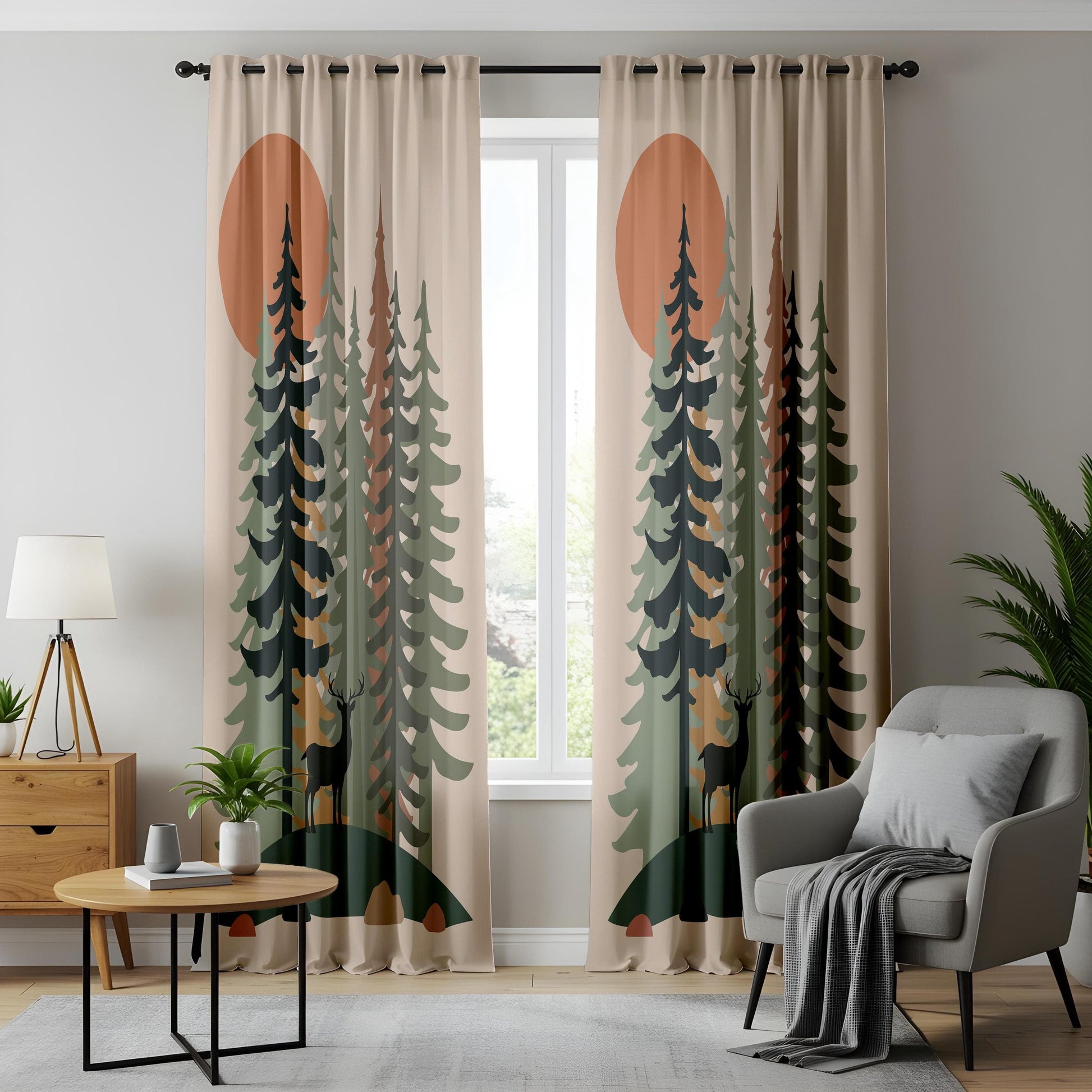 Onay Forest Sunset Curtains Rustic Deer and Pine Tree Drapes for Nature-Inspired Woodland Interiors