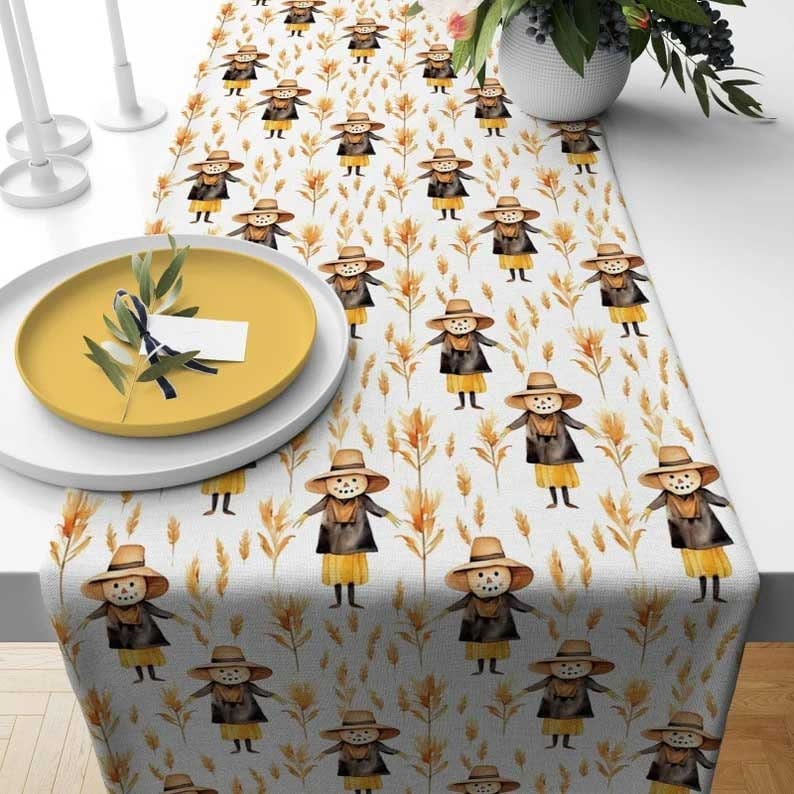 Onay Table Runner 4 / 12 x 46 inch (30 x 120 cm) Fox Scarecrow Leaf Table Runner Cozy Fall Kitchen & Dining Room Autumn Table Decor
