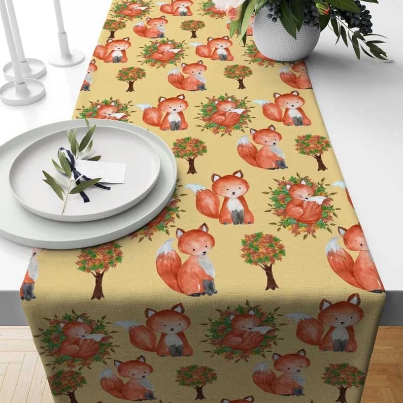 Onay Table Runner 2 / 12 x 46 inch (30 x 120 cm) Fox Scarecrow Leaf Table Runner Cozy Fall Kitchen & Dining Room Autumn Table Decor
