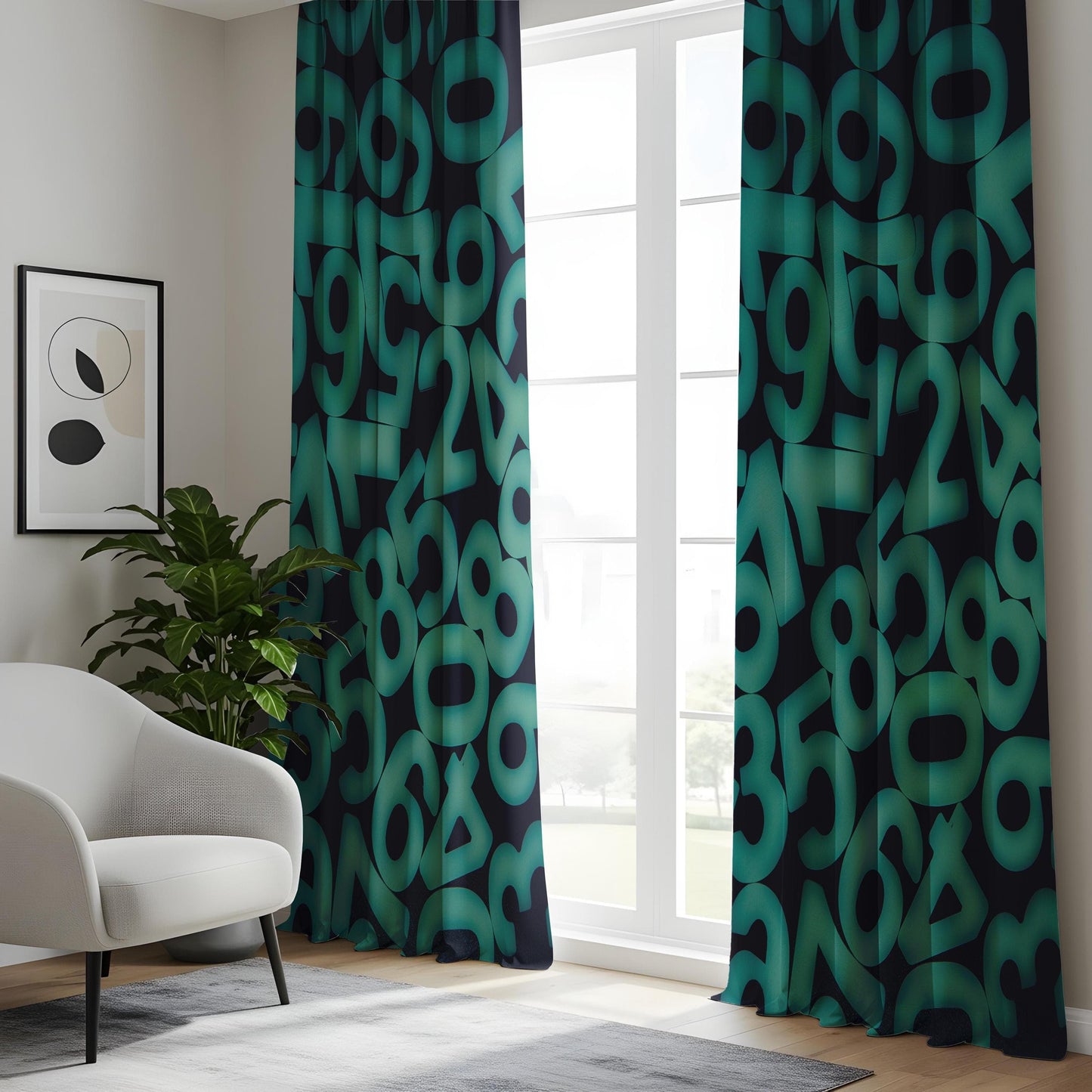 Onay Futuristic Numbers Curtains, Digital Matrix-Inspired Drapes