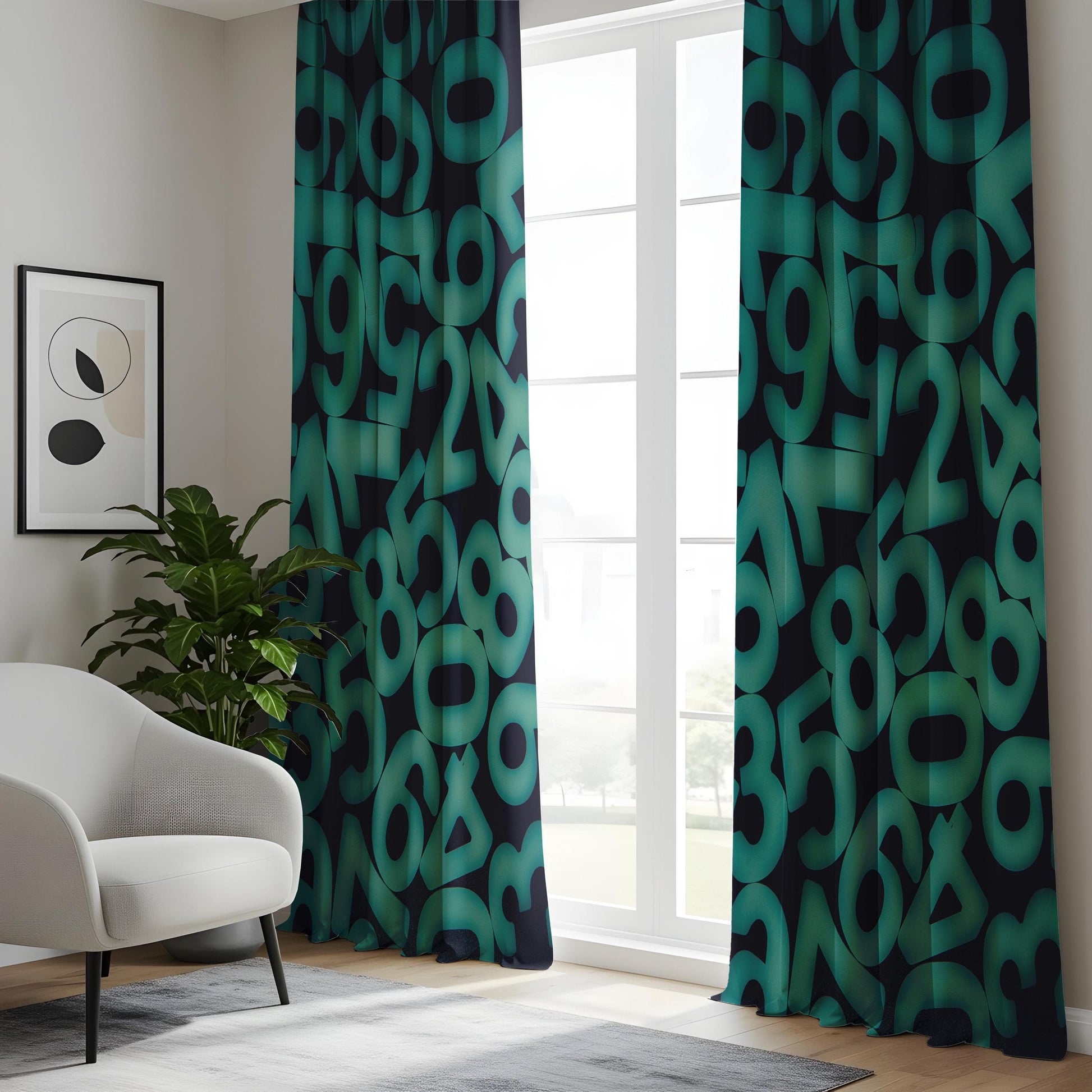 Onay Futuristic Numbers Curtains, Digital Matrix-Inspired Drapes
